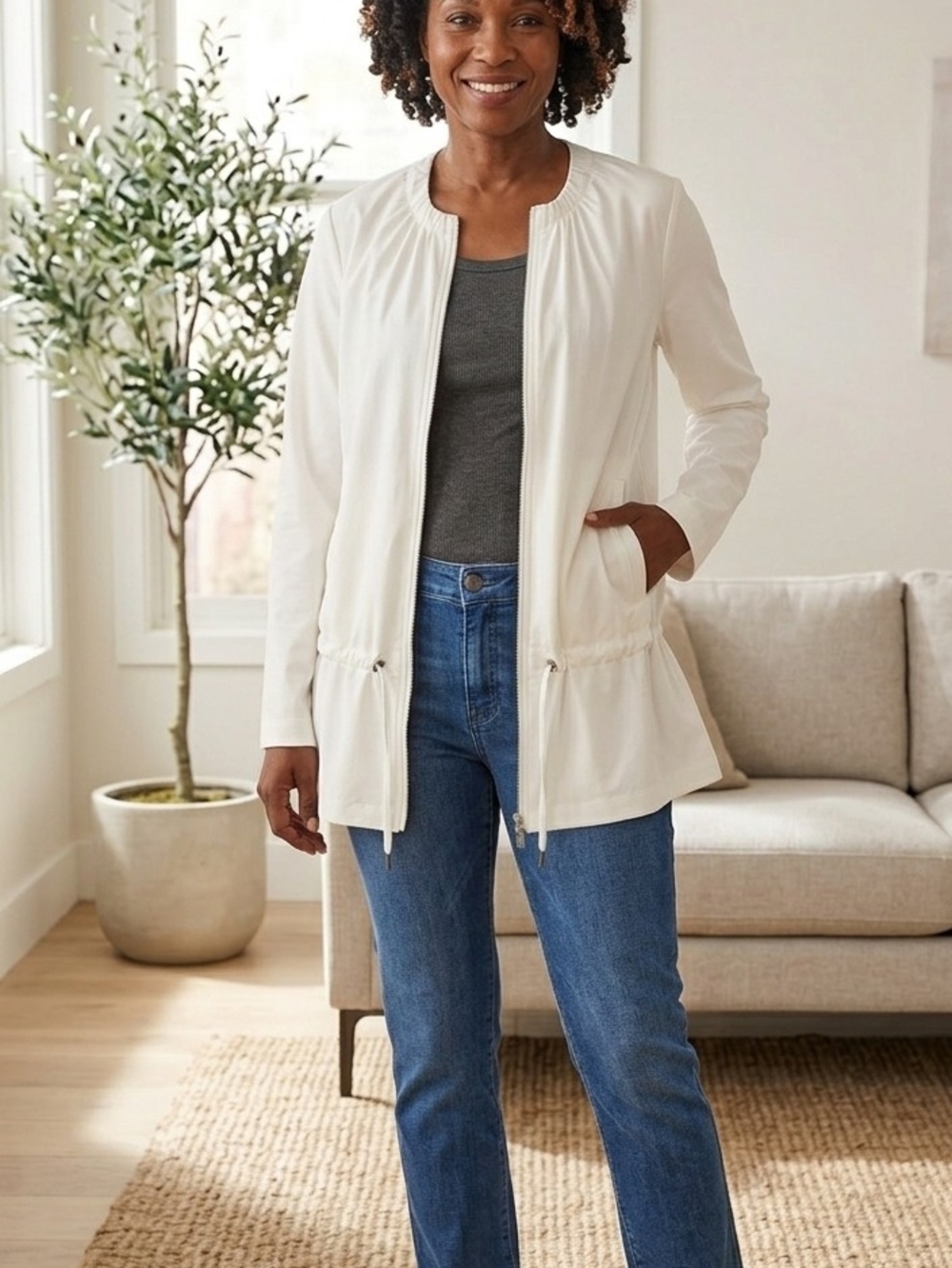J. Jill Cream Drawstring Waist Utility Jacket